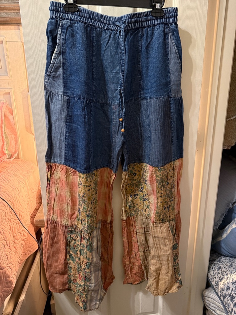 Boho Patchwork Wide-Leg Pants in Denim Blue and Multicolor